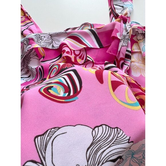 Vintage 00's TWO ROADS Pink Y2K Graphic Print Chiffon Ruffle Tank Top, Size L - Picture 7 of 10